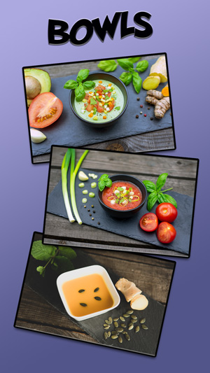 Vorlage mit dem Text Bowls und Fotos von verschiedenen Suppen