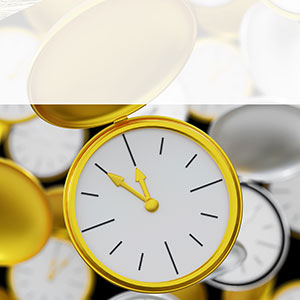 quadratischer Pin mit Uhren in gold und silber