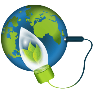 Glühbirne mit Blättern ist an der Erde mit einem Stecker angeschlossen. Tehma Umweltschutz